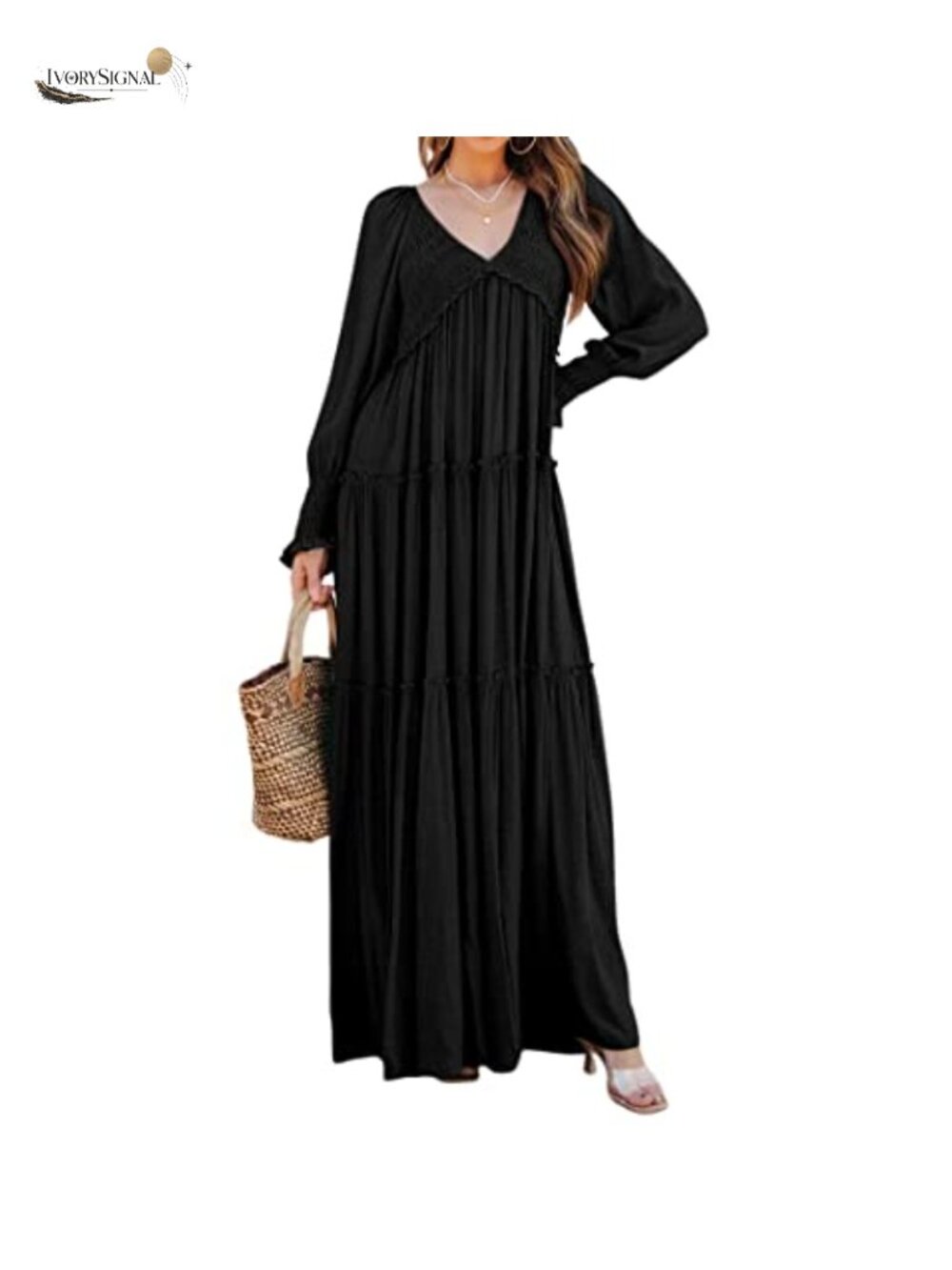 Flowy Polyester Long Sleeve V Neck Maxi Dress Casual Boho